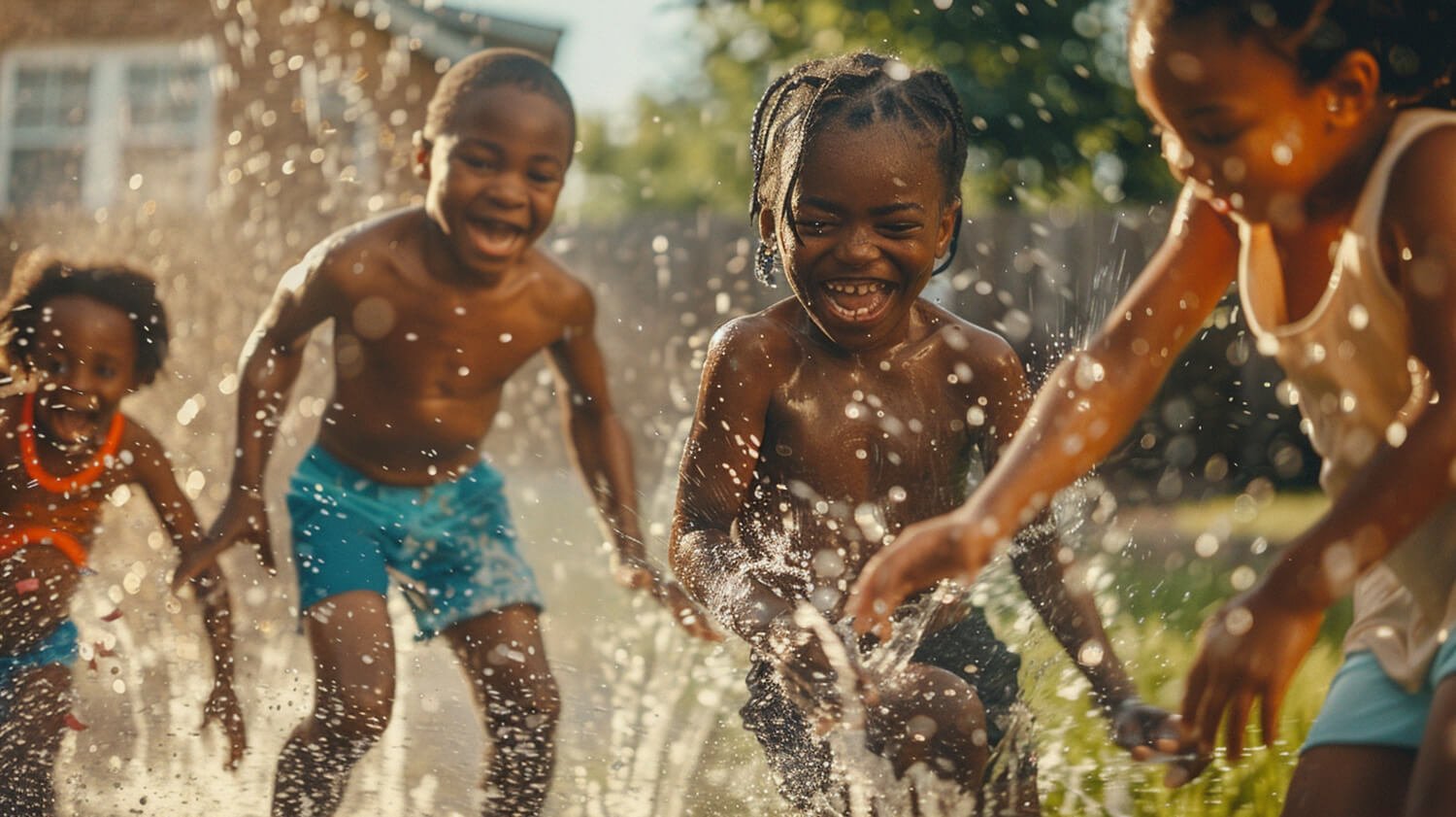 Children playing and splashing in the rain